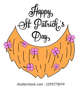 Modern calligraphy flat style. Handwritten lettering Happy St. Patrick's Day on white background for greeting card, poster, invitation to irish party with design element, clover for luck. Vector epS10