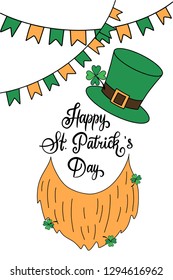 Modern calligraphy flat style. Handwritten lettering Happy St. Patrick's Day on white background for greeting card, poster, invitation to irish party with design element, clover for luck. Vector epS10