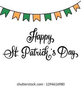 Modern calligraphy flat style. Handwritten lettering Happy St. Patrick's Day on white background for greeting card, poster, invitation to irish party with design element, clover for luck. Vector epS10