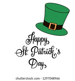 Modern calligraphy flat style. Handwritten lettering Happy St. Patrick's Day on white background for greeting card, poster, invitation to irish party with design element, clover for luck. Vector epS10