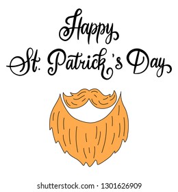 Modern calligraphy flat style. Handwritten lettering Happy St. Patrick's Day on white background for greeting card, poster, invitation to irish party with design element, clover for luck. Vector epS10