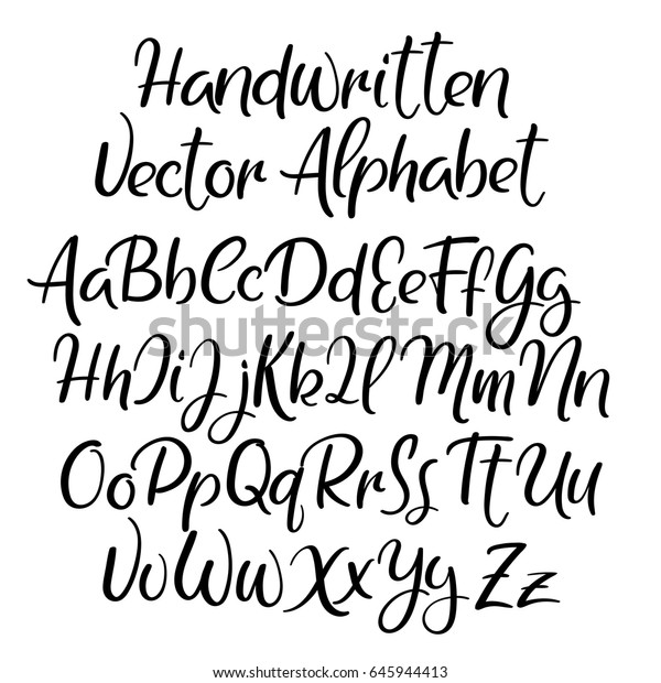 現代の習字のフォント 手書きのブラシ文字 大文字 小文字 デザイン用の手書きのアルファベット 結婚式の書道 ロゴ スローガン 窓の飾り紙 はがき グリーティングカード のベクター画像素材 ロイヤリティフリー