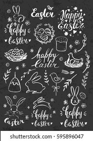 Modern calligraphy. Hand drawn chalk inscription Happy Easter and elements. Eggs, bunny, cake, willow. Handwritten brush lettering with rough edges. Chalkboard.