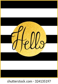 Modern calligraphy Hello lettering over gold circle with classic striped background vector in gold frame