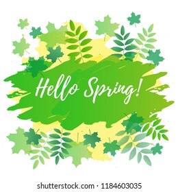 Modern calligraphy of Hello spring in white on green yellow background decorated with green rowan and maple leaves for decoration, greeting card, poster, banner, decor, postcard - Powered by Shutterstock - Get 15% off with code: PIKWIZARD15