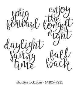 Modern Calligraphy Ink Of Word Daylight Vector. Stylish Typography Inscription With Handwritten Calligraphy Sprig Forward Enjoy Longest Night Daylight Time Ball Back Decoration. Text Flat Illustration