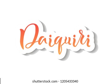 Modern calligraphy lettering of Daiquiri in red orange gradient with white outline and shadow on white background for bar menu, cocktail menu, advertisement, cafe, restaurant, packaging, flyer,sticker