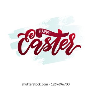 Modern calligraphy lettering Happy Easter on blue watercolor spot background. Vector illustration. Template as greeting card, promotion, poster, flyer, web-banner, print