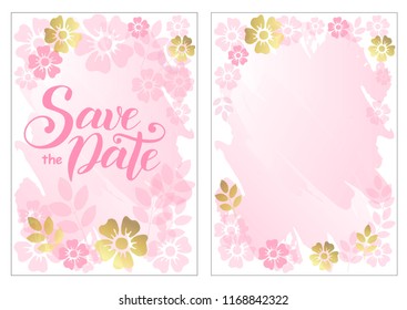 Modern calligraphy lettering of Save the date in pink on background decorated with pink and golden flowers and leaves and decorative frame of flowers for invitation, event, wedding, postcard, template