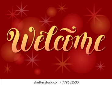 Modern calligraphy lettering of Welcome with gradient pink and yellow letters with shadow on dark red background with stars