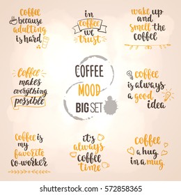 Modern calligraphy style coffee phrase big set. Handwritten brush ink lettering. Hand drawn design elements and beverage quotes. Vector illustration for your design on light beige background.