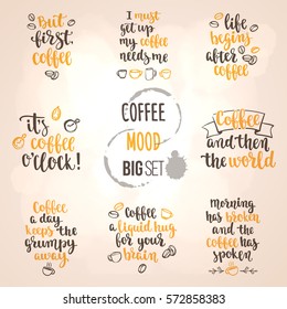 Modern calligraphy style coffee phrase big set. Handwritten brush ink lettering. Hand drawn design elements and beverage quotes. Vector illustration for your design on light beige background.