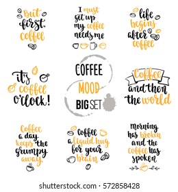 Modern calligraphy style coffee phrase big set. Handwritten brush ink lettering. Hand drawn design elements and beverage quotes. Vector illustration for your design on white background.