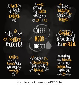 Modern calligraphy style coffee phrase big set. Handwritten brush ink lettering. Hand drawn design elements and beverage quotes. Vector illustration for your design on black chalkboard background.
