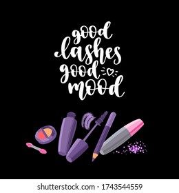 Modern calligraphy style makeup phrase. Handwritten brush lettering. Hand drawn cosmetic elements and inspiration quote.Concept for beauty salon and visage. Vector items on black background.