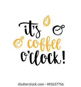 Modern calligraphy style phrase about coffee. Handwritten brush ink lettering. Hand drawn design elements and beverage quote. Vector illustration for your design on white background.