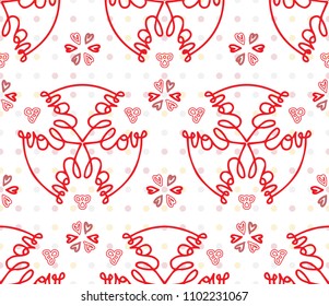Modern calligraphy style seamless repeating pattern with the word love in red and white. Valentine's day greeting card, template, poster, wrapping paper, fabric print.