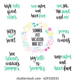 Modern calligraphy style summer vacation phrase big set. Handwritten brush lettering. Hand drawn design elements and journey quotes. Vector illustration for your design on white background.