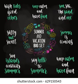 Modern calligraphy style summer vacation phrase big set. Handwritten brush lettering. Hand drawn design elements and journey quotes. Vector illustration for your design on chalkboard background.