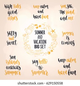 Modern calligraphy style summer vacation phrase big set. Handwritten brush lettering. Hand drawn design elements and journey quotes. Vector illustration for your design on light background.