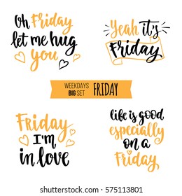 Modern calligraphy style weekdays motivation quotes big set. Handwritten brush ink lettering. Vector illustration for your design on white background.