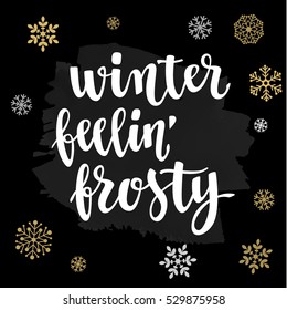 Modern calligraphy style winter quote with hand drawn decorative frame and snowflakes. Handwritten lettering season phrase. Vector illustration for your design on chalkboard background.