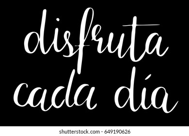Modern calligraphy text phrase lettering Enjoy every day in Spanish. Handwritten text on black background, vector. Each word is on the separate layer
