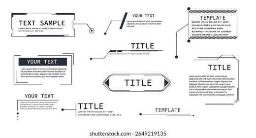 Design moderno de HUD da caixa de texto de texto de chamada com setas vetoriais, barras de informação e formas retangulares pretas. Ótimo para publicidade, notícias esportivas ou painéis virtuais.