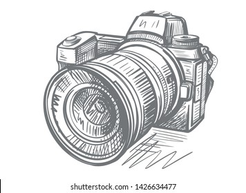 Modern camera in doodle style. Gray hand drawn