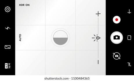 Modern camera focusing screen with exposure, zoom zone and options. Blank photo or video camera viewfinder grid with many shooting settings. Realistic template for your design vector illustration.