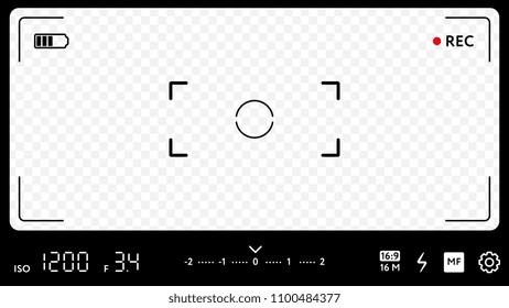 Moderner Kamerafokussierungsbildschirm mit Belichtung, Zoomzone und Optionen. Realistische Vorlage für Smartphone-Kamera Sucher Raster mit vielen Einstellungen auf transparentem Hintergrund, Vektorgrafik.