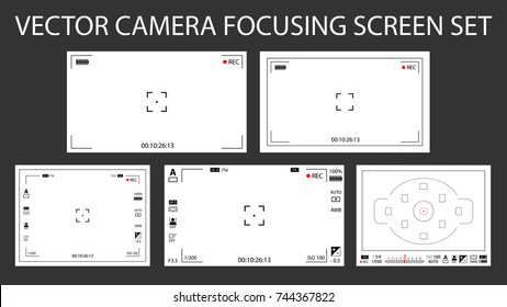 Modern camera focusing screen with settings 5 in 1 pack - digital, mirorless, DSLR. White viewfinders camera recording isolated. Vector illustration