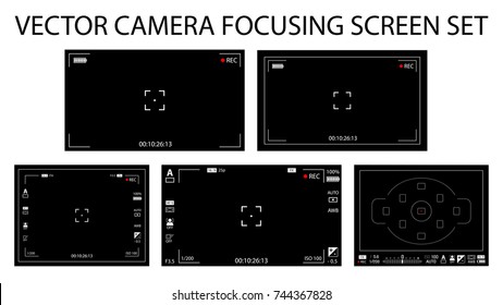 Modern camera focusing screen with settings 5 in 1 pack - digital, mirorless, DSLR. Black viewfinders camera recording isolated. Vector illustration