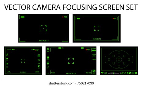 Modern camera focusing screen with settings 5 in 1 pack - digital, mirorless, DSLR. Black and green viewfinders camera recording isolated. Vector illustration