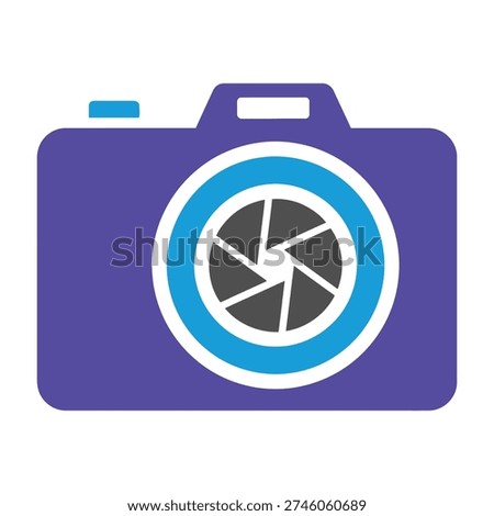Modern camera icon with blue lens and aperture detail on white background