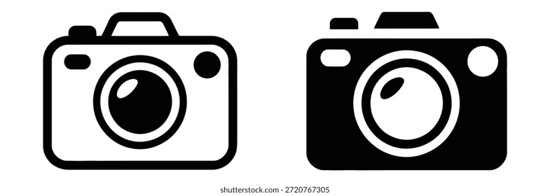 Ícones modernos da câmera em preto e branco, Conjunto de ícones da câmera. Coleção de câmeras fotográficas de contorno e glifo. Símbolo de imagem,Conjunto de ícones de câmera. ilustração plana de ícone de vetor em fundo branco