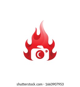 Modern Camera Lens in Negative Space and Fire Flame Logo with 3D Vibrant Gradient Color