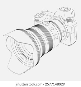 Modern camera with optical lens. Vector illustration. Sketch for creativity.