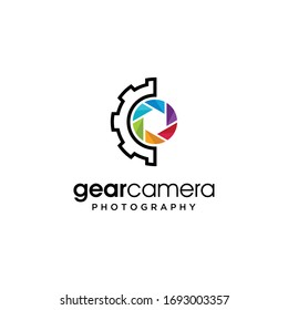 modern camera photography logo icon vector template with gear sign