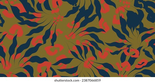 Modern camouflage clothing. Seamless floral leaf and leopard texture. Trendy fabric prints. Vector illustration