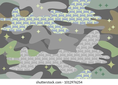 Modern camouflage pattern. Seamless vector print with chaotic spots. Military textile collection. Khaki, grey, green.