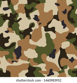 
Modern camouflage seamless pattern. Green brown spots on a light background. Print on fabric on paper. Military, Hunting, Fishing. Uniform. Vector