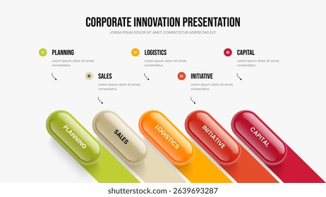 Modern Campaign Frame Layout Vector Illustration. Financial Showcase 5 Step Infographic Slide Template. Enterprise Profile Five Element Diagram Presentation Design.
