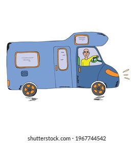 Modern camper van. Comfortable motorhome. Side view. Vector illustration. Isolated on white background. Drawn by hand in a doodle style. Cartoon. Coloring pages for children and adults. Can be used in