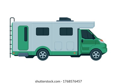 Modern Camper Van, Mobile Home for Summer Trip, Family Tourism and Vacation Flat Vector Illustration