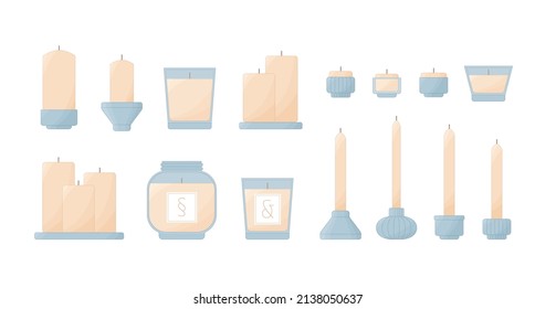 Modern candles in glass jars and candleholders isolated on white. Different wax candles for cozy home interior decoration, spa and relax. Elegant scented candles and small tea light candles icon set.