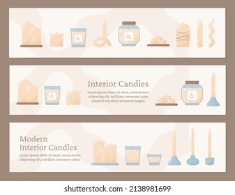Modern candles vector banner set. Minimal elegant candles of different shapes and sizes beige horizontal banners. Classic candle sticks for dinner, candle in glass jar, small tea light candles.