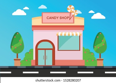 Modern Candy Shop buildings, illustration of exterior facade store building.