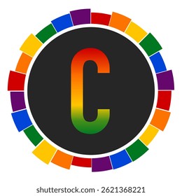 Modern capital Gradient Letter C Design with Multicolor Geometric Ring , Enclosed in a Black Frame