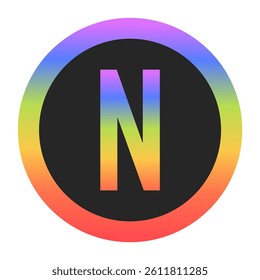 Modern Capital Letter N logo with a colorful rainbow gradient and circular border. Dark background enhances contrast, perfect for tech, branding, or creative design.
